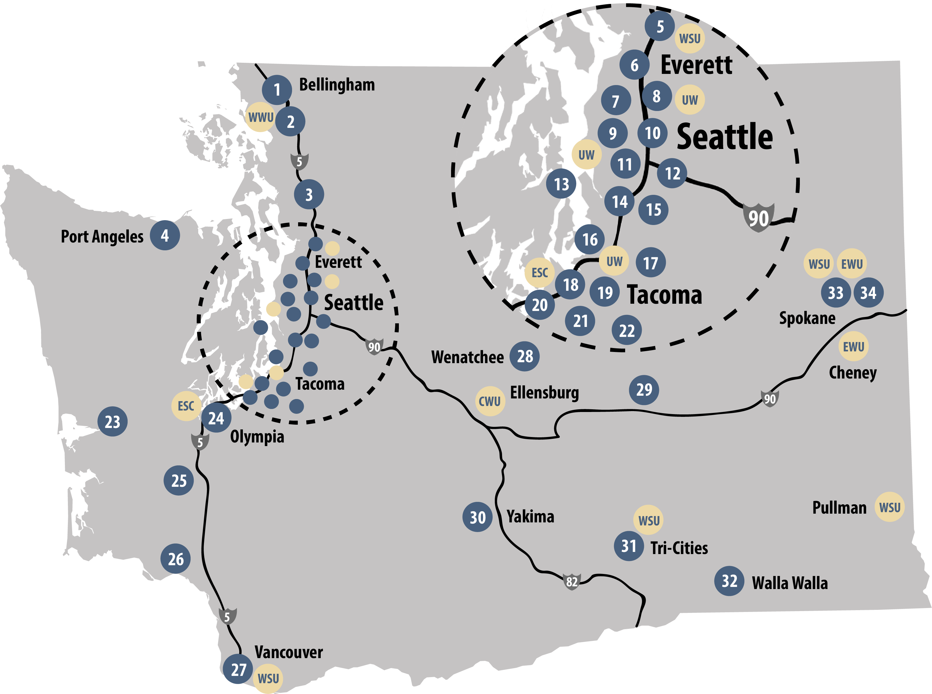 Map of higher education institutions in Washington